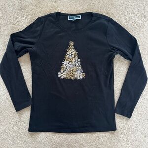 Karen Scott Black Top with Festive Gold and Silver snowflake Tree